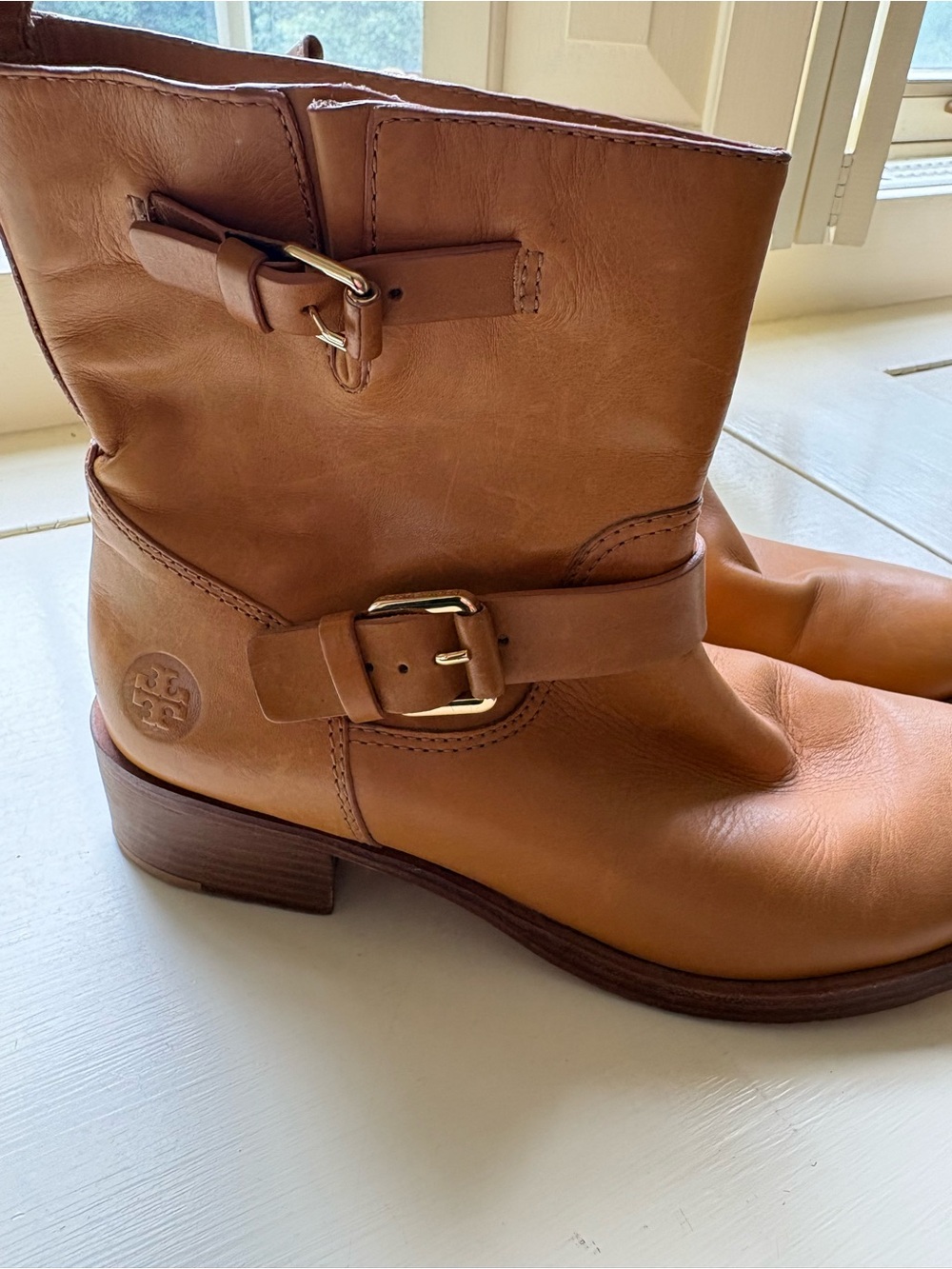 Tory Burch Tan Leather Mid-Calf Buckle Boots